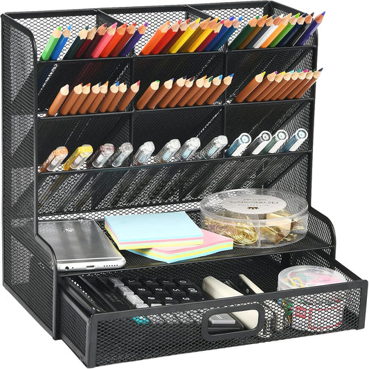 Marbrasse Mesh Pen Holder for Desk, Multi-Functional Pencil Organizer with Drawer, Desk Organizers and Accessories for Office Art Supplies (Black)