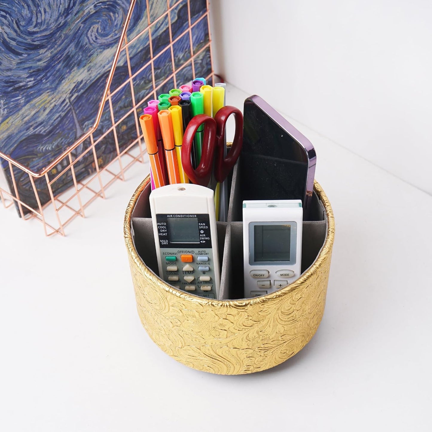 lizimandu Round Leather Art Supply Organizer,Remote Control Holder,360 Degree Spinning,Multi-Functional Pencil Holder,4 Compartments Desktop Stationary Organizer(1-Gold) - Colors B