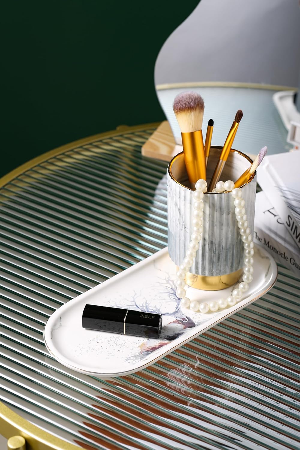 IEEK Makeup Brush Holder Organizer Pen Pencil Cup Glass Make Up Brushes and Toothbrush Organizer for Bathroom Vanity Desktop European Style Striped Brushes Container,Grey and Gold