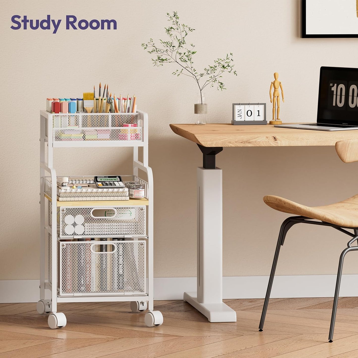 SWTYMIKI Rolling Cart with Drawers - Metal Utility Cart with Wood Shelf, DIY Divider and Locking Wheels, Craft & Art Cart Organizer for Under Desk Storage for Home Office Studio, Espresso