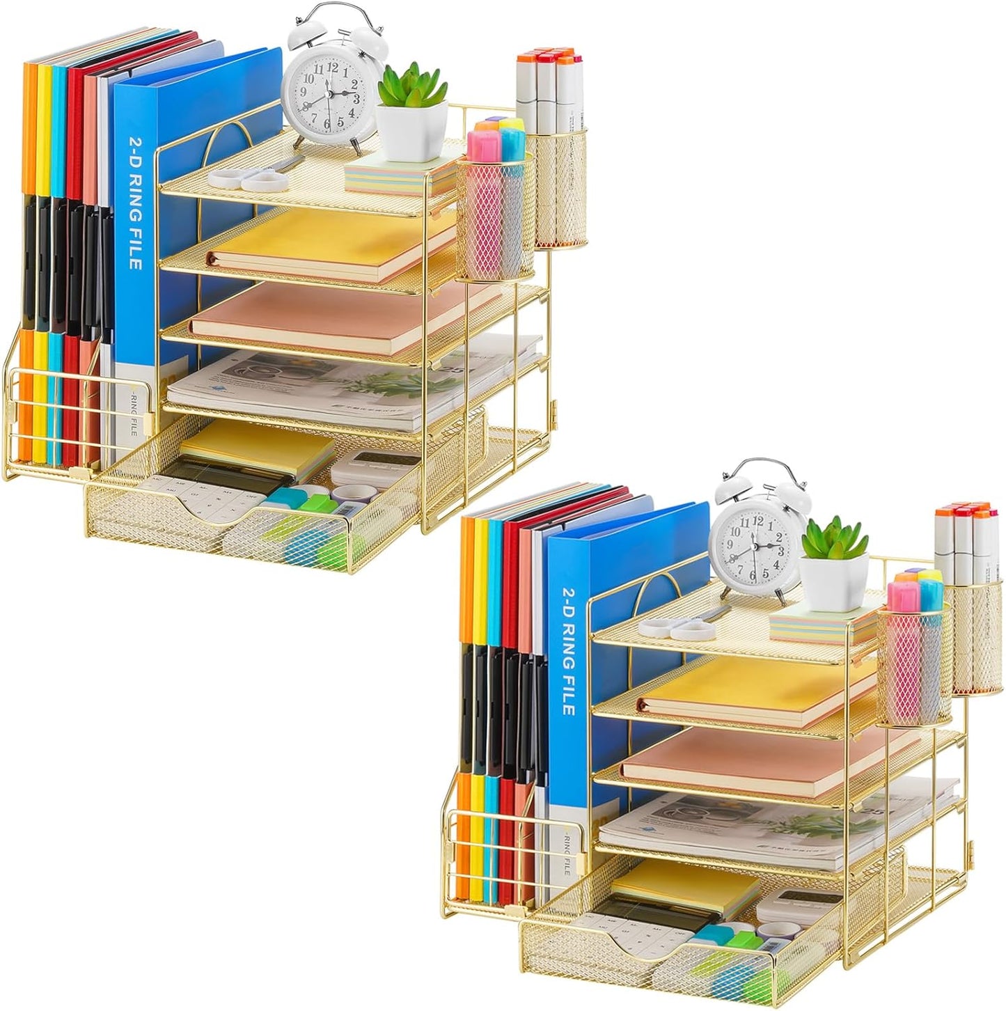Marbrasse Desk Organizer with File Holder, 5-Tier Paper Letter Tray Organizer with Drawer and 2 Pen Holder, Mesh Desktop Organizer and Storage with Magazine Holder for Office Supplies(Black)