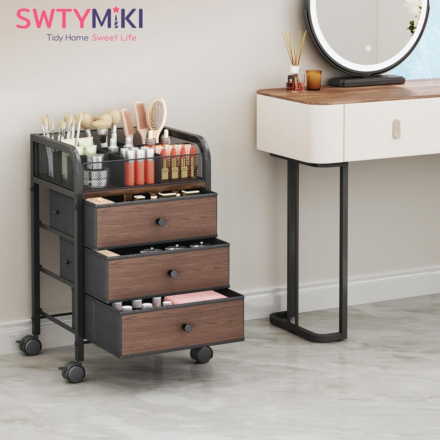 SWTYMIKI Rolling Makeup Organizer Cart - Under Desk Vanity Makeup Storage with 3 Non-woven Drawers, Nail Cart Organizer Cosmetic Display Cases Cabinet for Skin Care Perfume Nail Polish Brush Hair Tool
