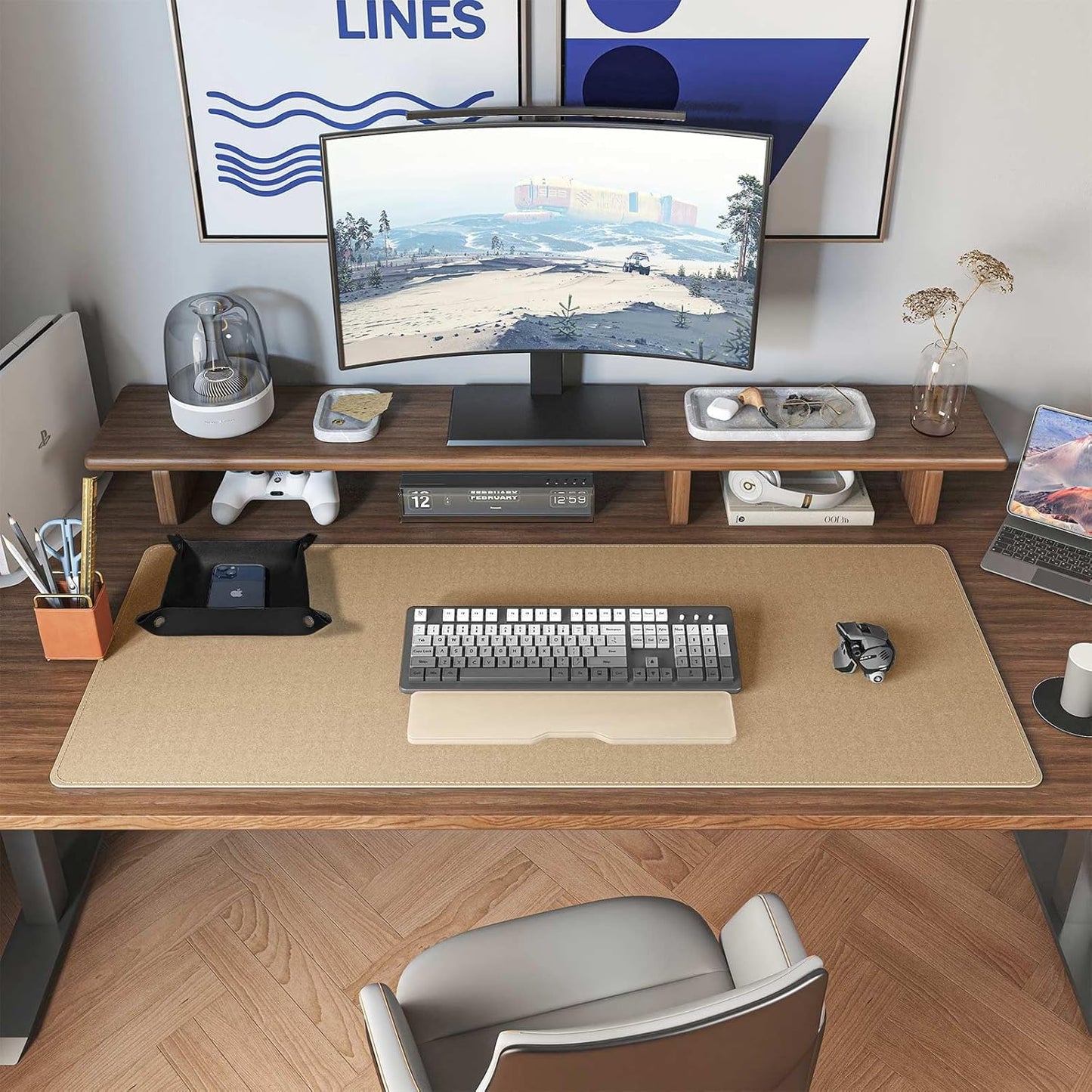 DAWNTREES Dual Sided Desk Mat,Leather Desk Pad,Cork Desk Mat Protector,with PU Leather Valet Tray Organizer,Large Mouse Pad,Desk Writing Pad for Office and Home(Dark Green 31.5"x15.8")