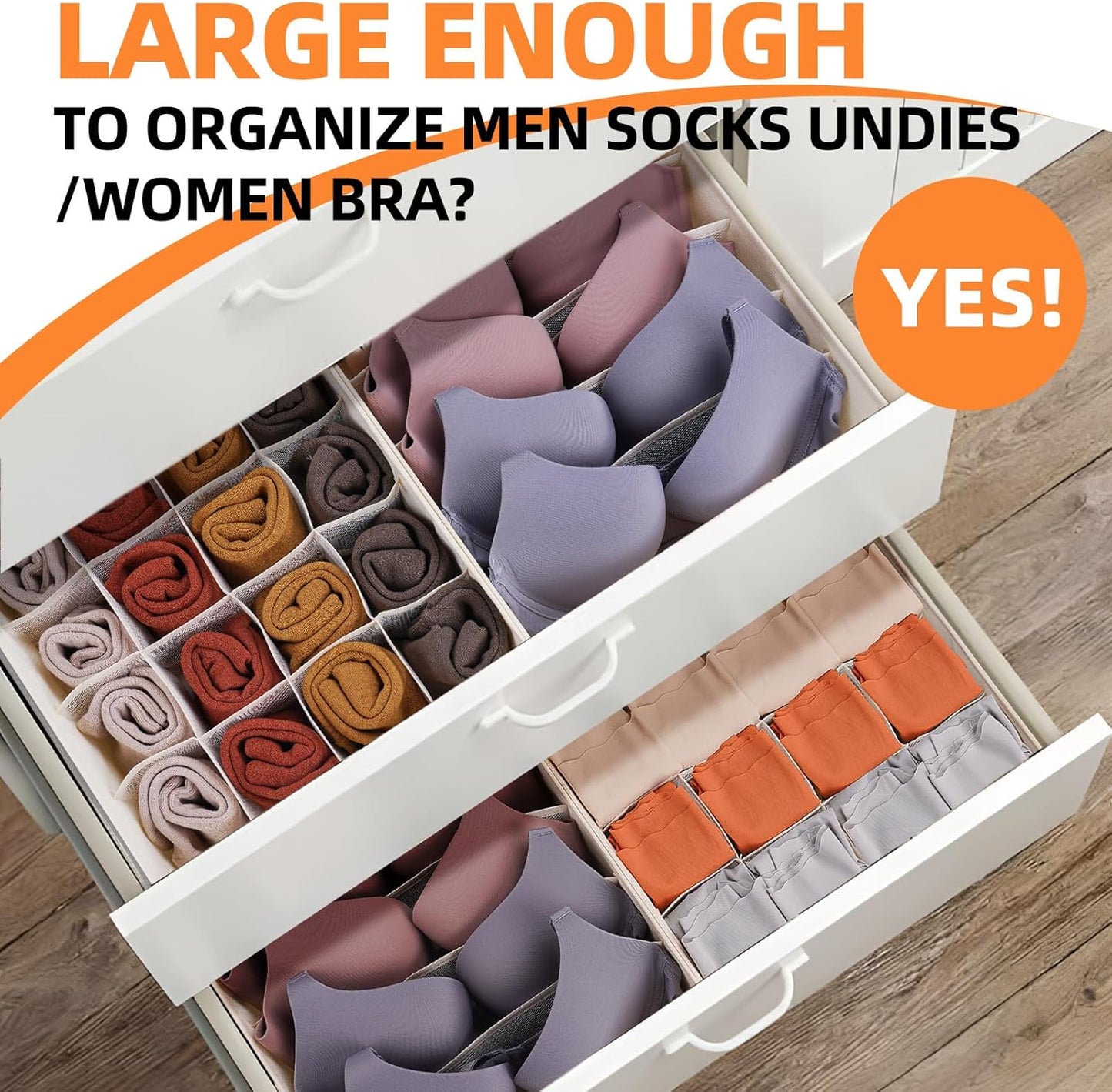 Criusia 6 Pack Large Drawer Organizer for Sock Underwear - Washable Heavy Duty Fabric Closet Organizers and Storage Bins - 90 Cells Dresser Organizer Divider for Baby Clothes, Ties, Belt (Grey)