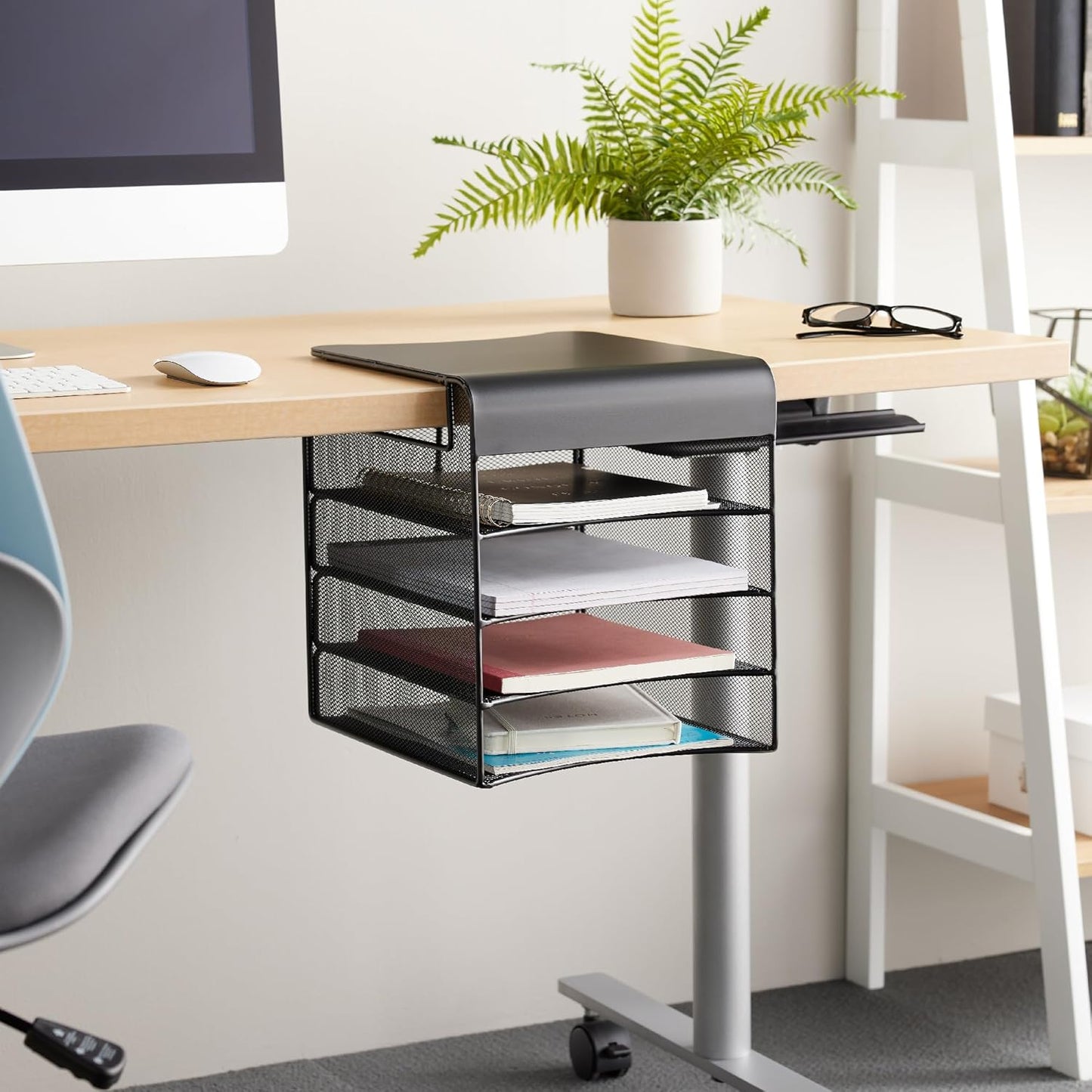 Safco Onyx Hanging Under Desk Organizer, 4 Trays, Office and Classroom Mailbox , Paper and Mail Sorter, Steel Mesh, Black