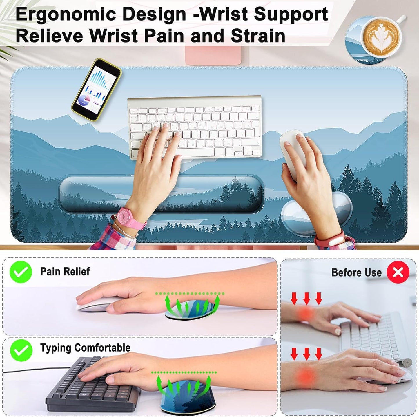 Keyboard Wrist Rest + Mouse Pad with Wrist Support + Desk Mat + Coaster 4 in 1 Set, XXL Large Gaming Mousepad Cute Ergonomic Mouse Pads for Desk Computer Laptop Office Decor-Beach