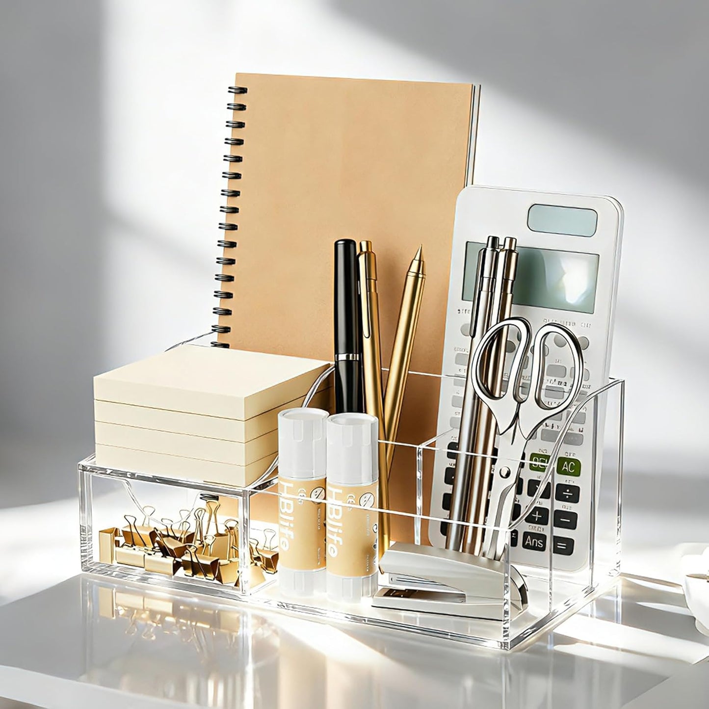 HBlife Acrylic Desk Organizer with 6 Compartments, Pen & Pencil Holder, Clear Multifunctional Desktop Caddy for Office Supply and Organization