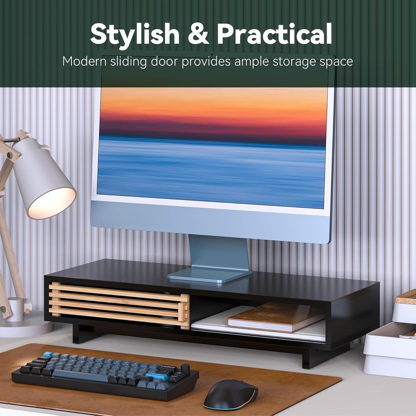 Monitor Stand Riser with Sliding Door, Computer Laptop Stand Desk Shelf Organizer with Storage (Natural Bamboo, 25 Inch)