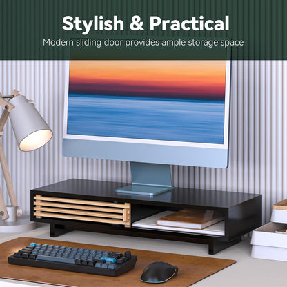 Monitor Stand Riser with Sliding Door, Computer Laptop Stand Desk Shelf Organizer with Storage (Natural Bamboo, 25 Inch)