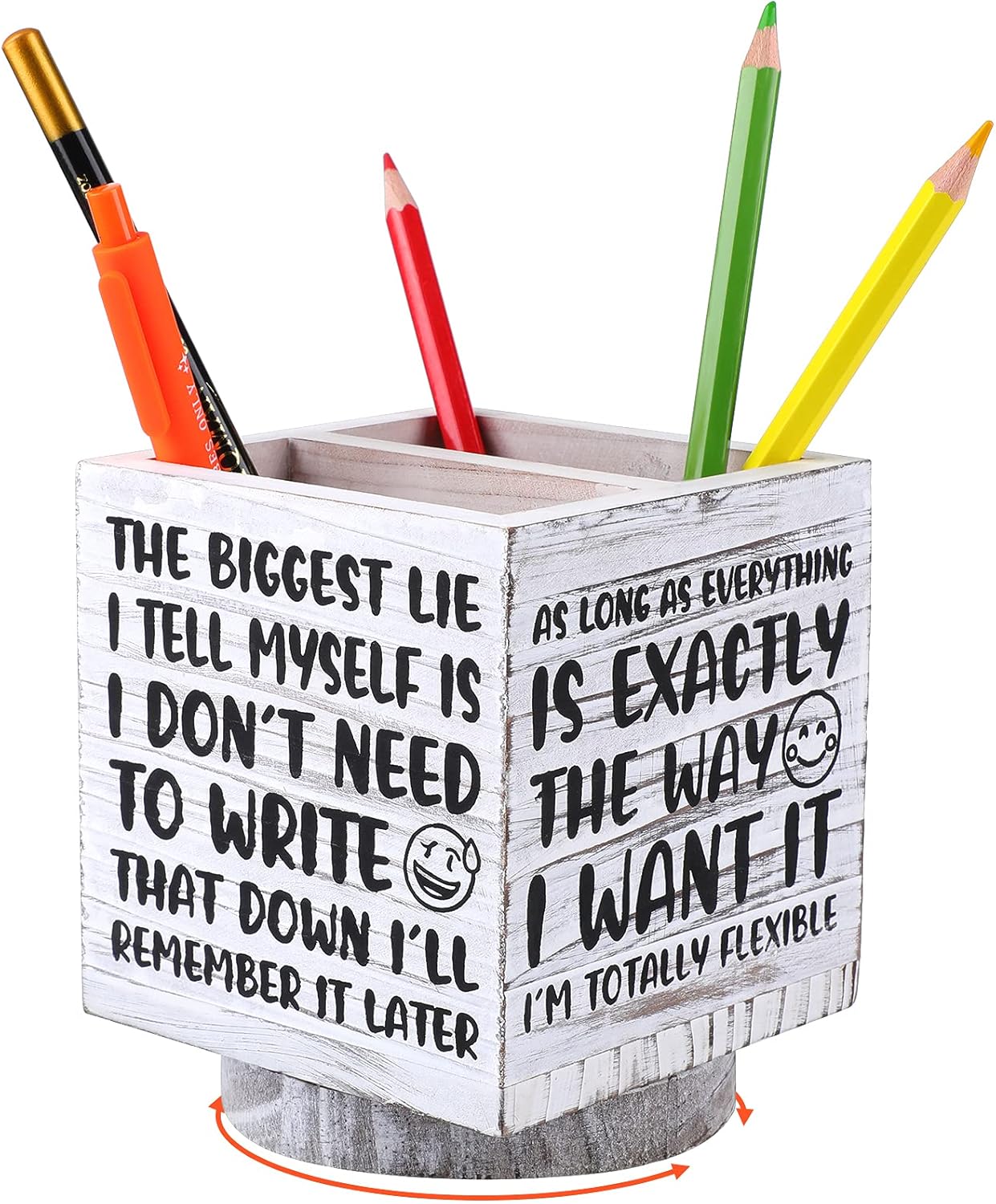 Outus Wooden Spinning Pen Holder for Desk I'll Remember It Later Pencil Holder Cute Organizer Funny Desk Decor Pencil Case Art Supply Storage Box for Home Office (White)