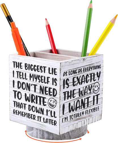 Outus Wooden Spinning Pen Holder for Desk I'll Remember It Later Pencil Holder Cute Organizer Funny Desk Decor Pencil Case Art Supply Storage Box for Home Office (White)