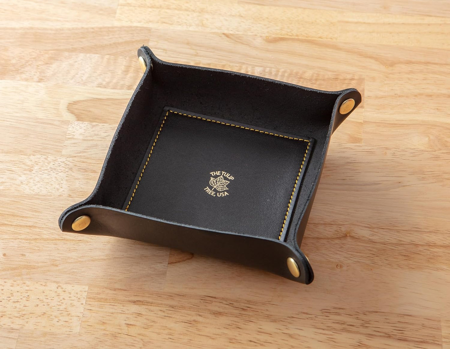 USA Handmade Premium Leather Valet Tray, Folds Flat! Dice Rolling Basket and Organizer with Brass Snaps - Reinforced Base - for Keys, Jewelry, Coin, EDC, Watch Storage Caddy - Black XLarge