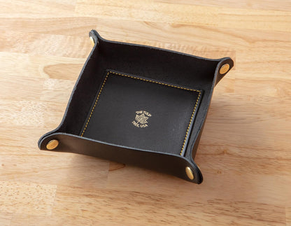 USA Handmade Premium Leather Valet Tray, Folds Flat! Dice Rolling Basket and Organizer with Brass Snaps - Reinforced Base - for Keys, Jewelry, Coin, EDC, Watch Storage Caddy - Black XLarge