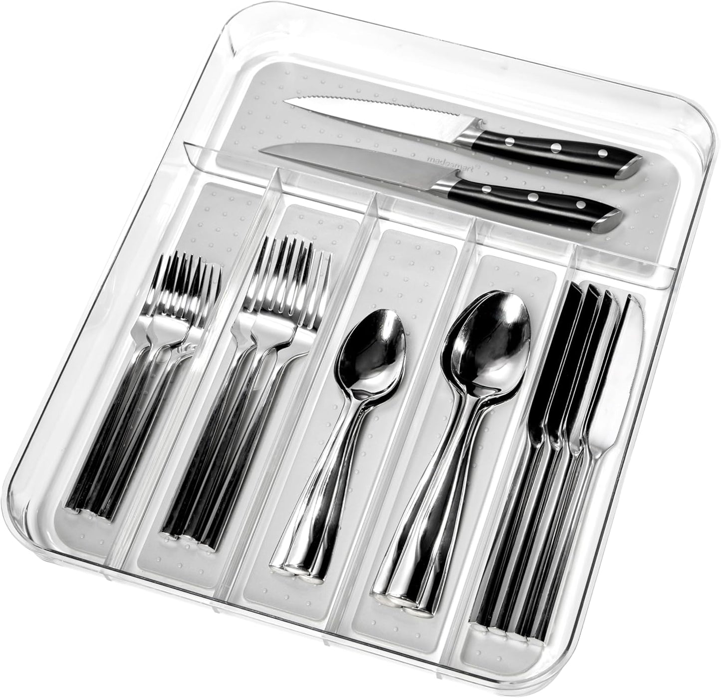 madesmart Premium Clear Silverware Tray, 6 Compartment Flatware Organizer for Forks, Knives & Spoons, Soft Grip Lining & Non Slip Base, Grey
