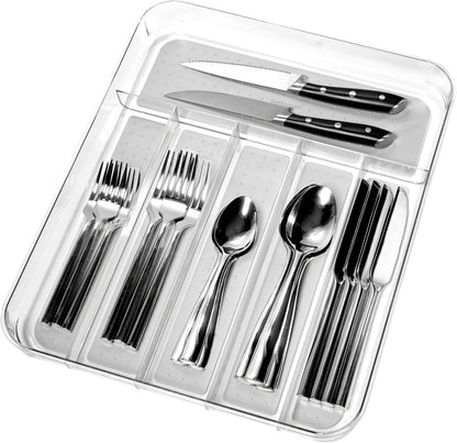 madesmart Premium Clear Silverware Tray, 6 Compartment Flatware Organizer for Forks, Knives & Spoons, Soft Grip Lining & Non Slip Base, Grey
