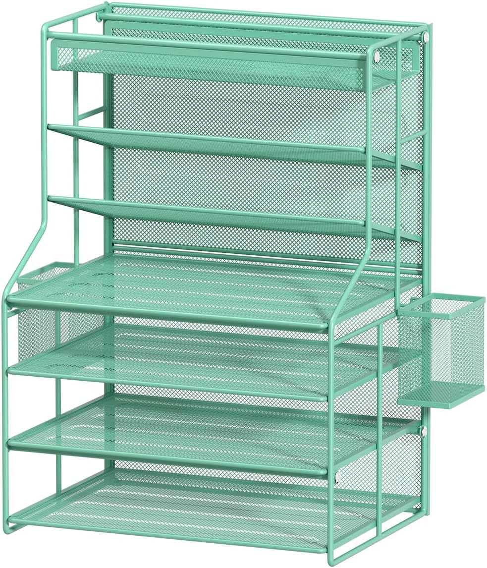 7 Tier Desk File Organizer – Vertical File Organizer for Desk with Removable Pen Holder & Adjustable Pull-out Drawer – Metal Document Organizer for Office, Simple Trending Design – Black