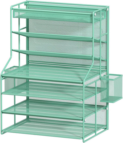 7 Tier Desk File Organizer – Vertical File Organizer for Desk with Removable Pen Holder & Adjustable Pull-out Drawer – Metal Document Organizer for Office, Simple Trending Design – Black