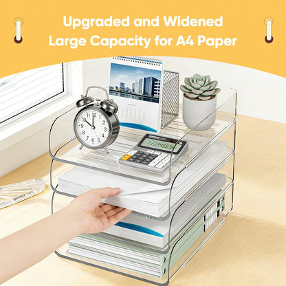 HIYOHIYO Office Acrylic Clear A4 Paper Organizer for Desk, Stackable Office Desk Paper Organizer, Large Capacity Desktop Papers Tray Holder, Organizer for A4 File Folder, 4 Tier Vertical Style