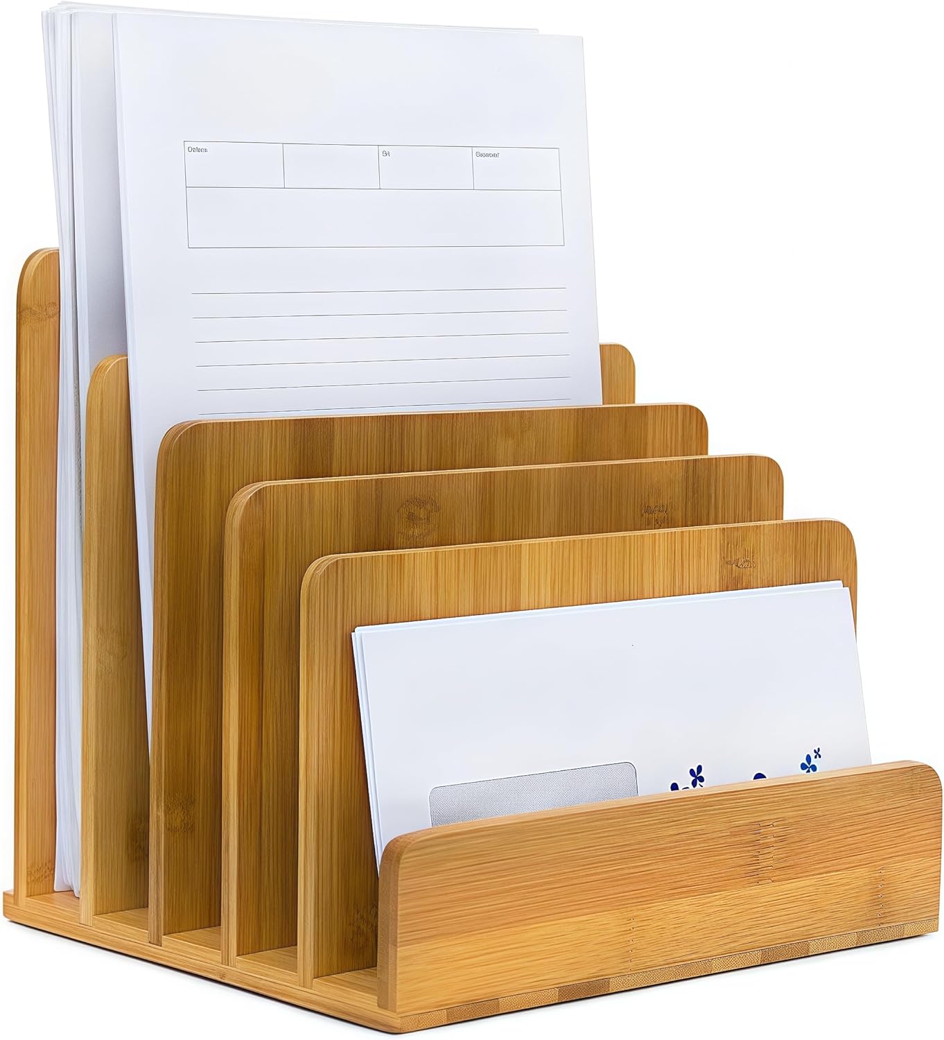 Bamboo Mail Organizer - File Holder Sorter for Letter and Folder Document Storage, Envelope Organization with 5 Slots for Office Desk, Countertop, Home Bill