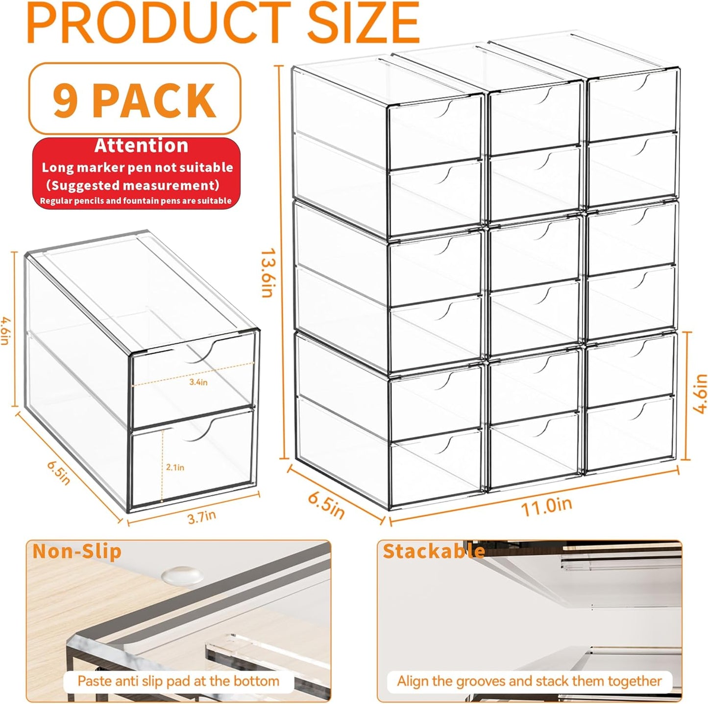Yieach 11.1 Inch Long Clear Drawer Organizers Stackable,3 Pack Small Acrylic Drawers,School,Office Supplies Organizer And Storage Bins for Stationery,Marker,Pen,Pencil,Craft Desktop Storage Drawers
