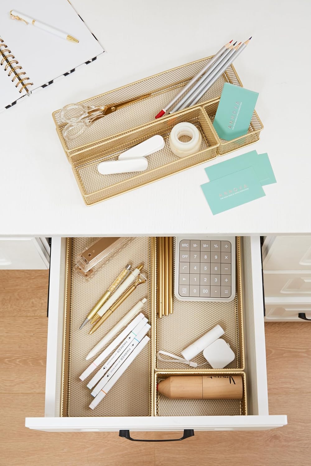 Annova Stackable Mesh Drawer Cabinet and Shelf Organizer Bins Storage Basket School Office Supply Holder Tray- Set of 2 (Gold, 3x3x2 Inch)