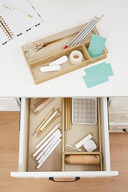 Annova Stackable Mesh Drawer Cabinet and Shelf Organizer Bins Storage Basket School Office Supply Holder Tray- Set of 2 (Gold, 3x3x2 Inch)