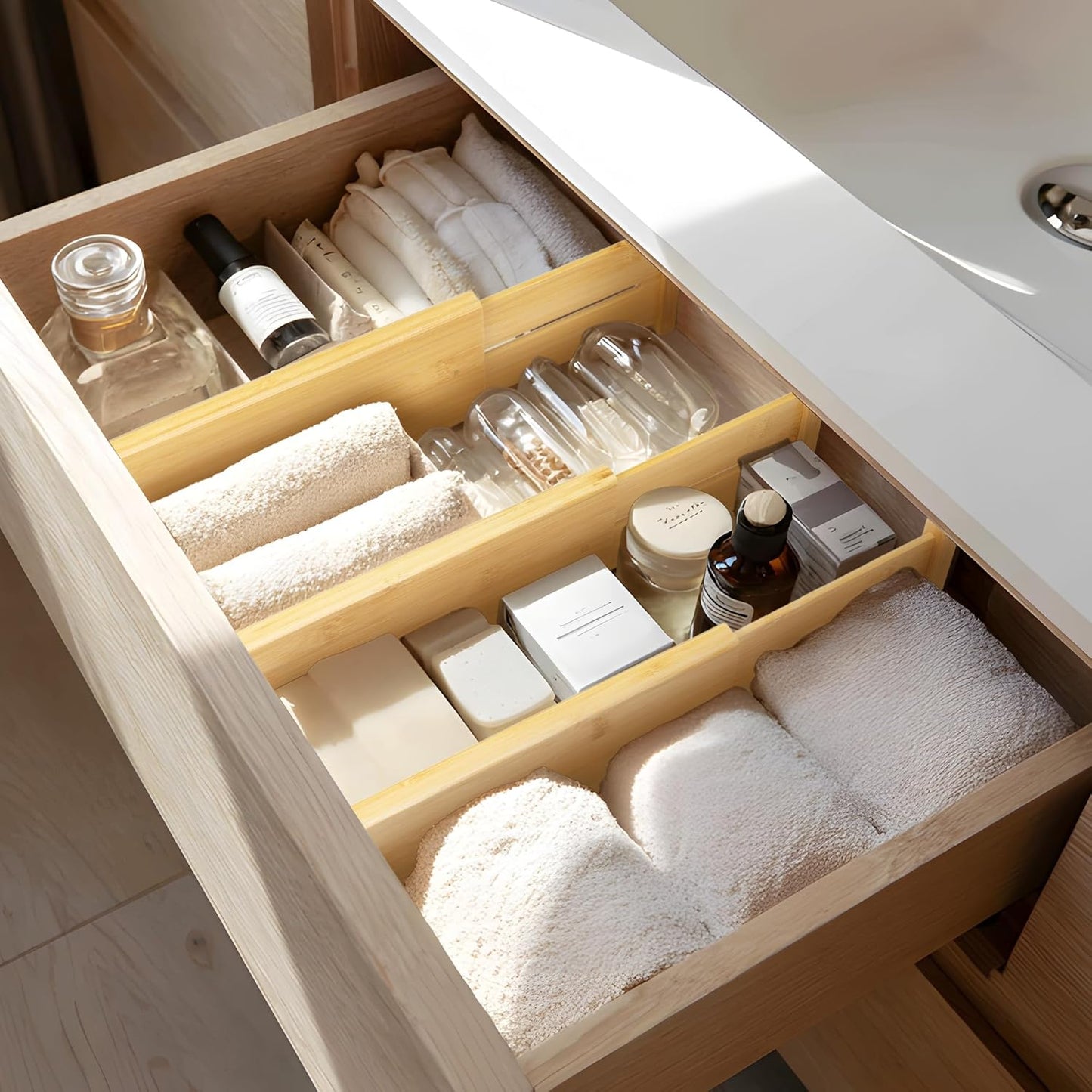 VaeFae Adjustable Bamboo Drawer Dividers, Expandable Drawer Organizer for Kitchen, Bedroom, Bathroom, Dresser and Office, 6-Pack