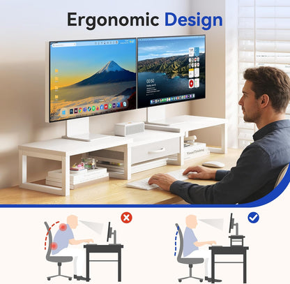 Dual Monitor Stand Riser, Desk Organizers and Accessories with Drawer, Computer Monitor Stands for Desk, Adjustable Desktop Shelf for PC Laptop Printer TV, Black