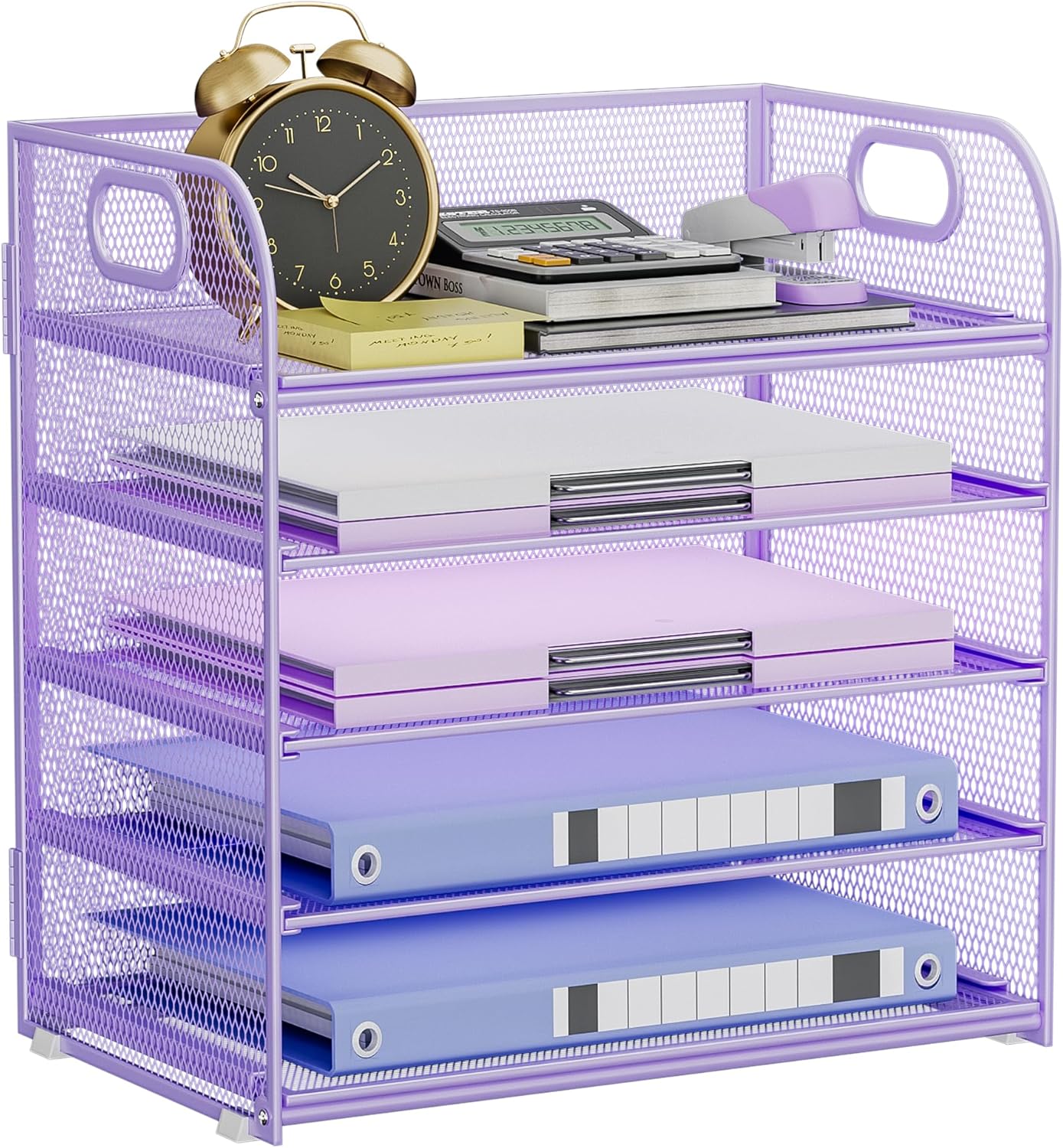 Paper Organizer Letter Tray with Handle, 5-Tier Black Stackable Desk Organizer with Metal Mesh, Sturdy Paper Tray for Office Desk, Home & Classroom Supplies Storage