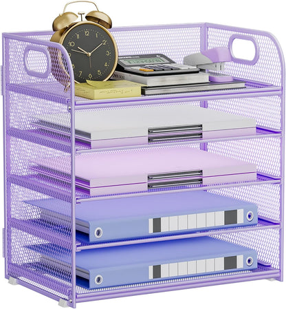 Paper Organizer Letter Tray with Handle, 5-Tier Black Stackable Desk Organizer with Metal Mesh, Sturdy Paper Tray for Office Desk, Home & Classroom Supplies Storage