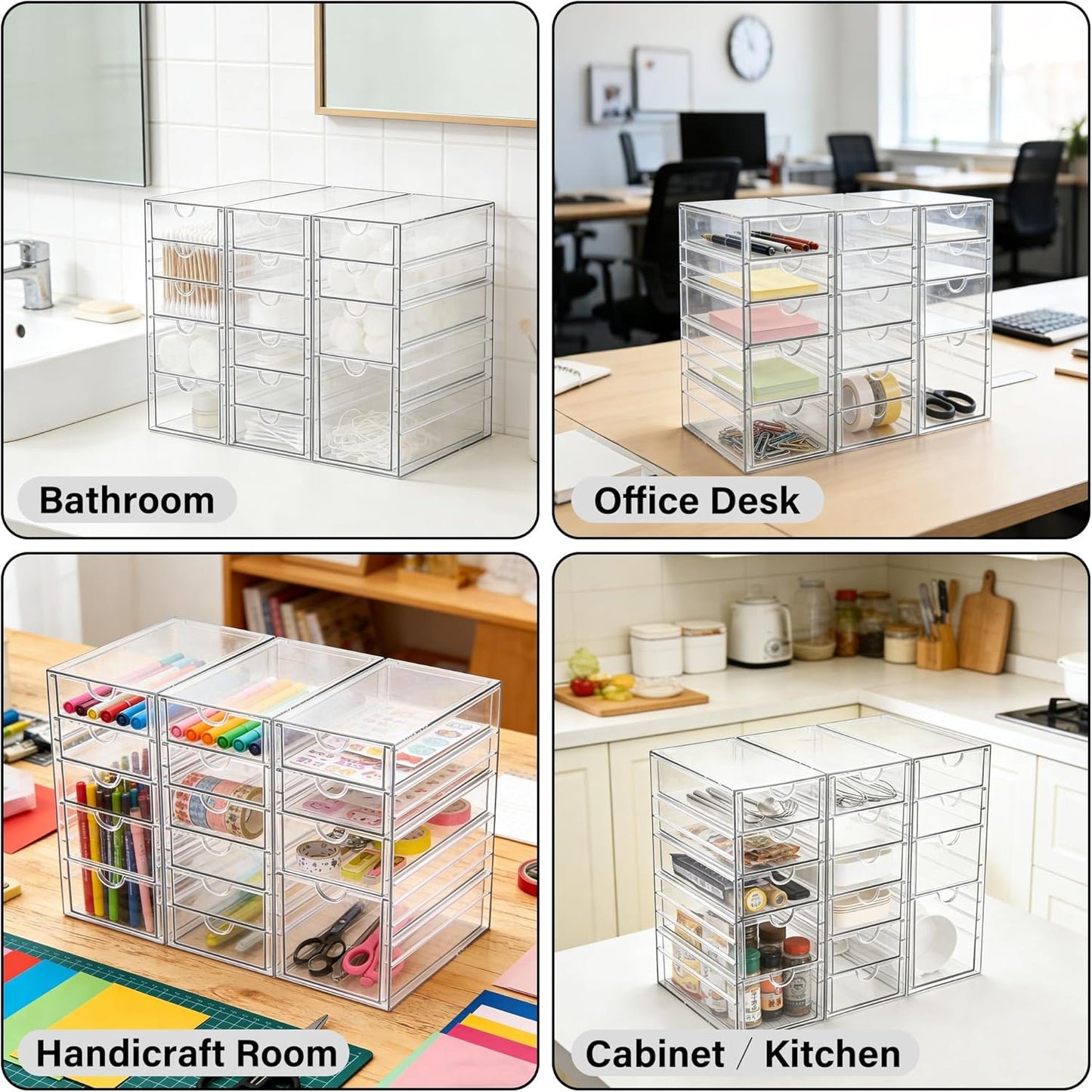 Prsildan Acrylic Makeup Organizer, 2 Pack Stackable Storage Drawers with 6 Drawers for Office Desk Vanity Craft Room Clear Drawer Organizers for Hair Accessories Art Supplies Cosmetics Modular System
