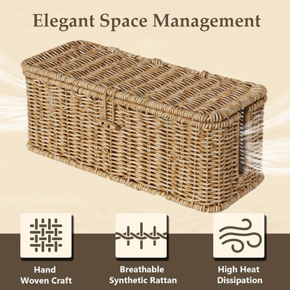 BROWNLILY Cable Management Box, Rattan Style Cord Organizer for Desk Cord Hider Outlet Covers Baby Proofing for Power Strip TV PC Router Charger Under Desk Storage with Lockable Lid and Cable Ties