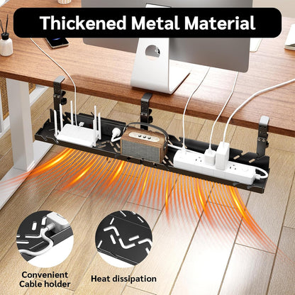 Extended Metal Under Desk Cable Management Tray with Power Outlet, No-Drill Wire Organizer with Clamp, Cord Storage Raceway for Desk Cable Management for Office Home (White)