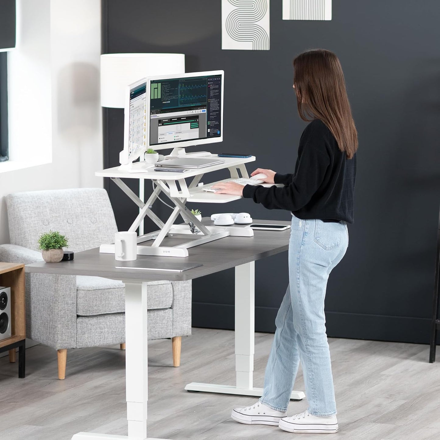 VIVO 26 inch Desk Converter, K Series, Height Adjustable Sit to Stand Riser, Dual Monitor and Laptop Workstation with Keyboard Tray, Black, DESK-V026KB