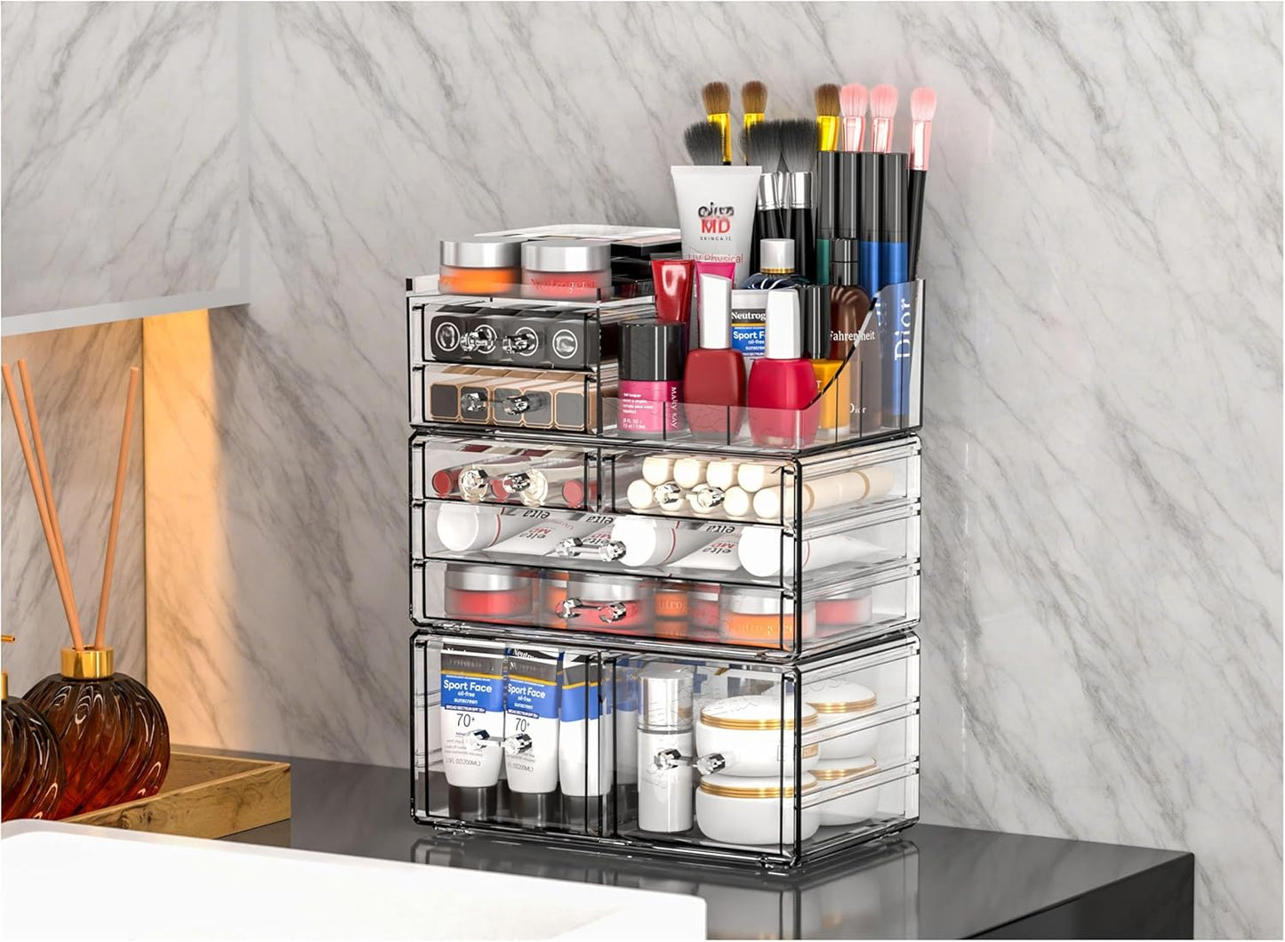 Cq acrylic Make Up Organizers for Vanity With 14 Drawers, 4 Pack Clear Drawer Organizers,Plastic Cute Desk Accessories Organization and Bathroom Organizers Storage Case Box Cube for Beauty,Skin Care