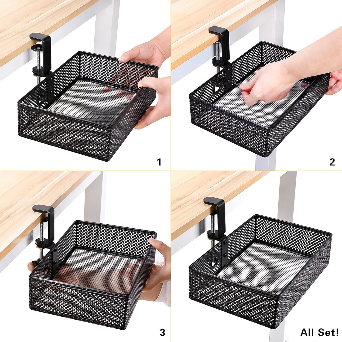 2-Tier Clamp-On Mesh Organizer, Under Desk Storage with Slide-Out Tray, No Drilling Tool-Free Installation, Durable Rust-Resistant Metal, Large-Capacity Organizer.