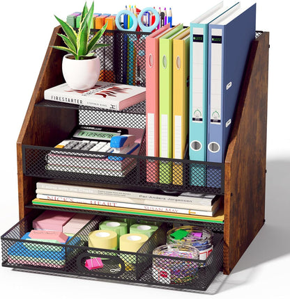 Homsorout Wooden Desk Organizer - Mesh File Organizer with Drawers and Pen Holder - 4-Tier Vertical Paper Letter Storage Tray, Desktop Organizers and Accessories for Home Office