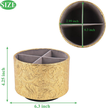 lizimandu Round Leather Art Supply Organizer,Remote Control Holder,360 Degree Spinning,Multi-Functional Pencil Holder,4 Compartments Desktop Stationary Organizer(1-Gold) - Colors B