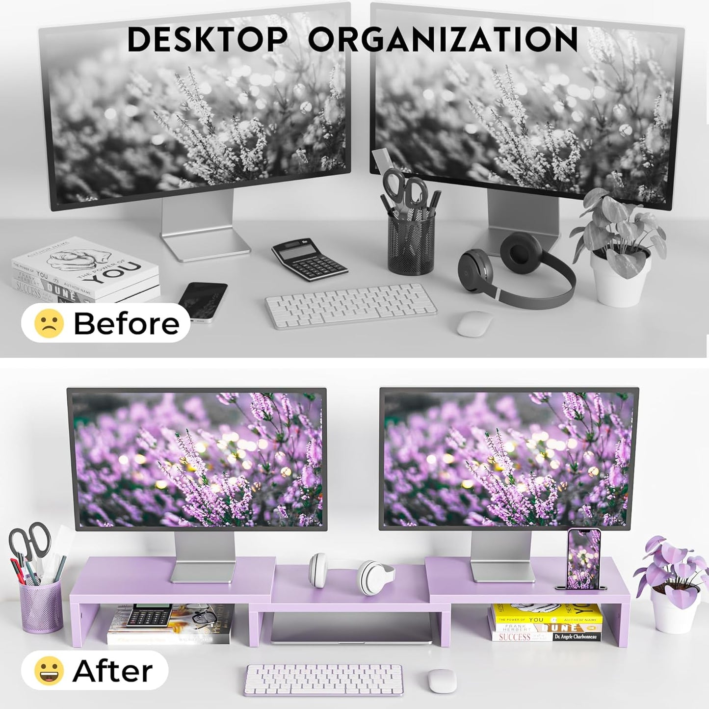 BONTEC Dual Monitor Stand Riser with Smartphone Holder, Adjustable Length & Swivel Angle, Ergonomic Wooden Desktop Organizer for PC Monitor, Laptop, Printer, Large Storage, White