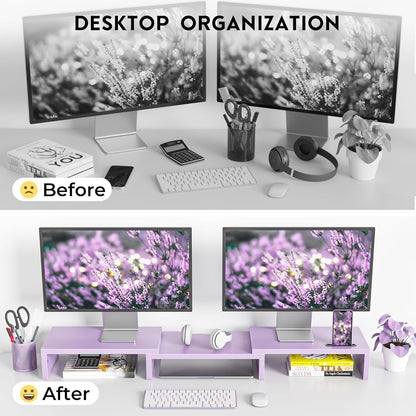 BONTEC Dual Monitor Stand Riser with Smartphone Holder, Adjustable Length & Swivel Angle, Ergonomic Wooden Desktop Organizer for PC Monitor, Laptop, Printer, Large Storage, White