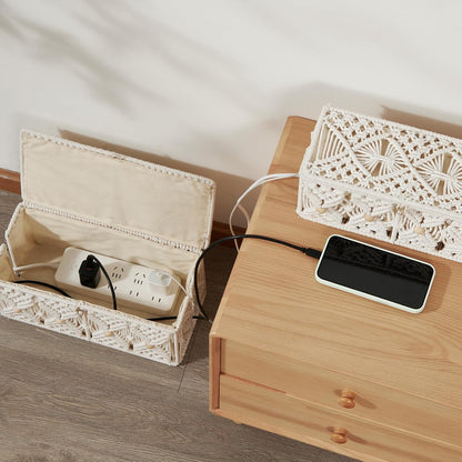 Cable Management Box Handmade Macrame Cord Storage Organizer Power Strips Outlet Router Adapter TV Wire Hider Cover Under Desk Natural Cotton Rope Woven Boxes with Lid (Off White, Large)