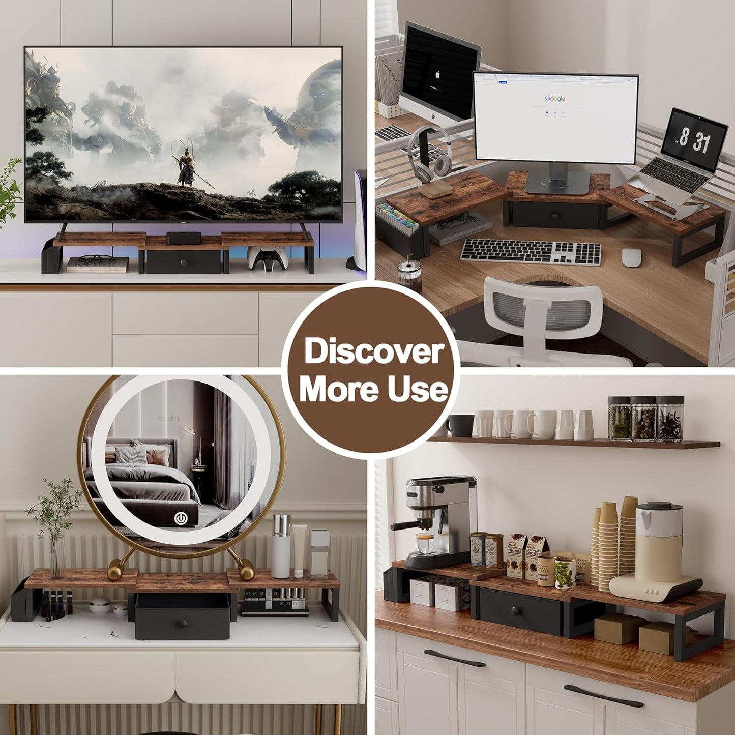 LAND·VOI Heavy Duty Dual Monitor Stand, Holds 2 Screens Up to 27 Inches, Adjustable Length and Angle Monitor Riser, Desk Organizer with Side Pockets and Drawers, Home Office Desk Storage, Rustic Brown