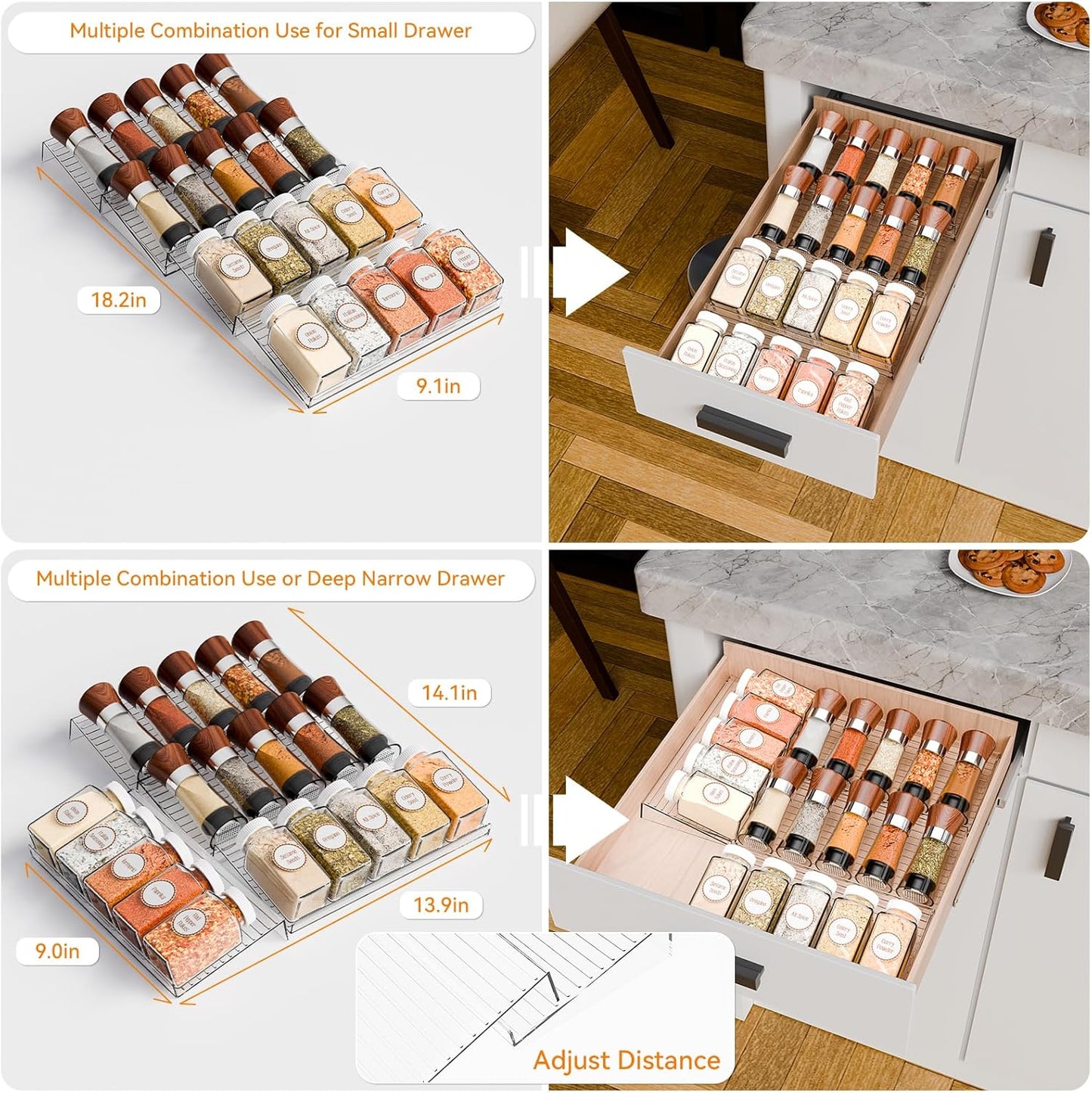 Yieach 4 Pack Adjustable Narrow Spice Rack for Drawer - Expandable From 9" to 17.7" - Acrylic Drawer Seasoning Organizer,Tiered Clear Spice Tray for Spices,Condiment,Nail Polish and Jar Organization