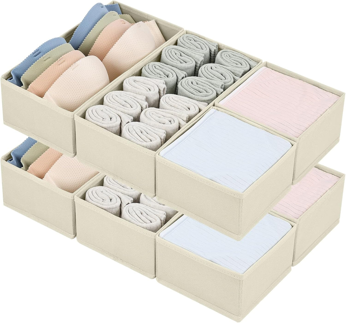 DIMJ Drawer Organizers Clothes, Dresser Organizer Bins for Baby Clothes,Underwear and Sock, Fabric Closet Organization and Storage Boxs, Drawer Dividers for Nursery, Clothing, Tie - 4 Pack, Beige