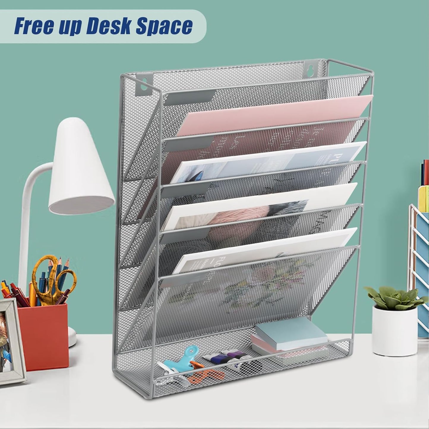 EASEPRES Desk File Organizer Mesh 6-Tier, Hanging Wall Mount Document Organization Stand, Desktop Vertical Mail Paper Folder Holder Rack with Bottom Tray for Office Home Cubicle Countertop, Black