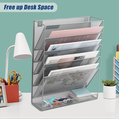 EASEPRES Desk File Organizer Mesh 6-Tier, Hanging Wall Mount Document Organization Stand, Desktop Vertical Mail Paper Folder Holder Rack with Bottom Tray for Office Home Cubicle Countertop, Black