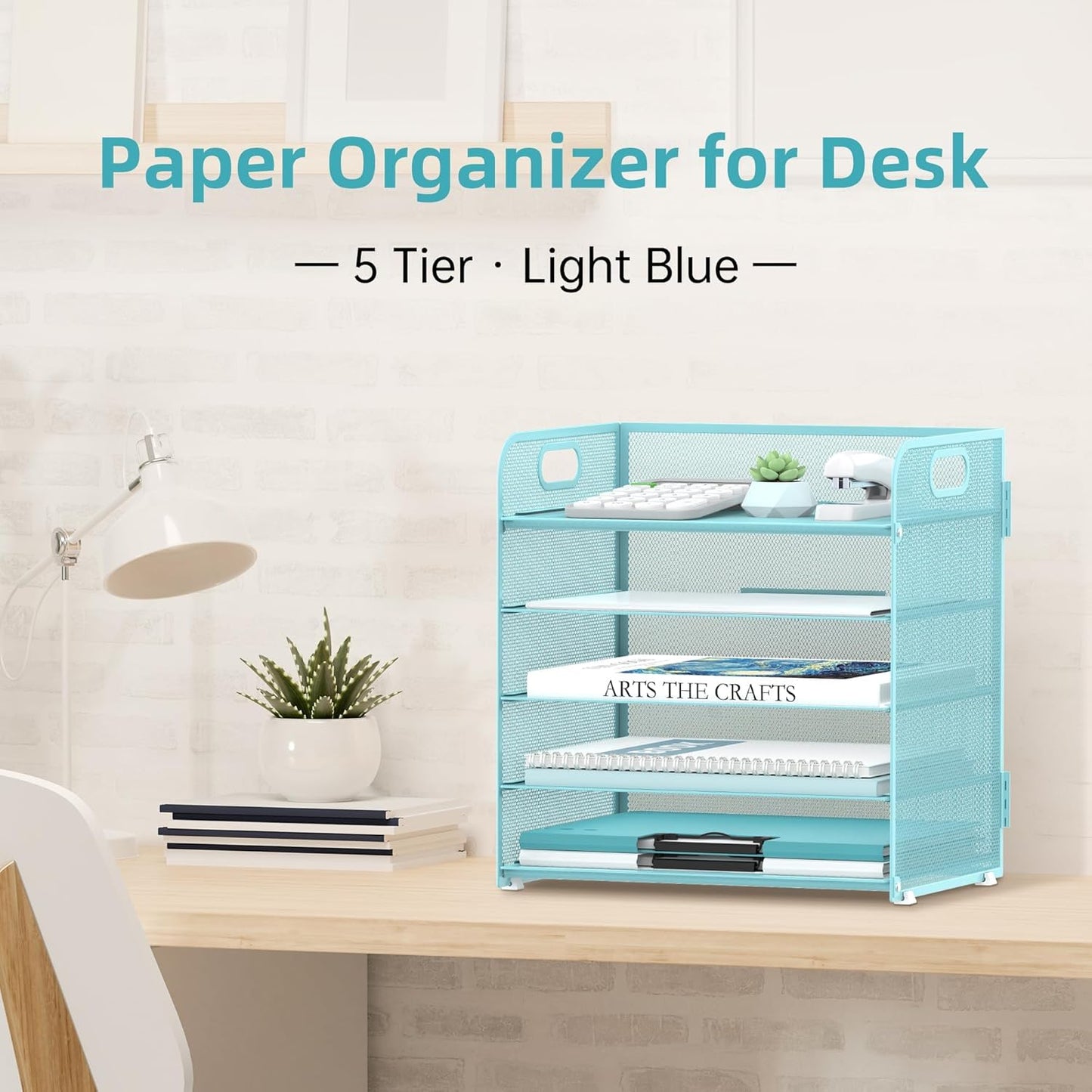 Supeasy 5 Trays Paper Organizer Letter Tray with Handle-Mesh Desk File Holders, Paper Sorter Desk Organizer for Office, Home, Classroom or School, White