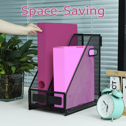 Desk Organizers, Metal Magazine File Holder with 5 Vertical Compartments Rack Binder File Organizer for Office Supplies, Home Workspace - Black