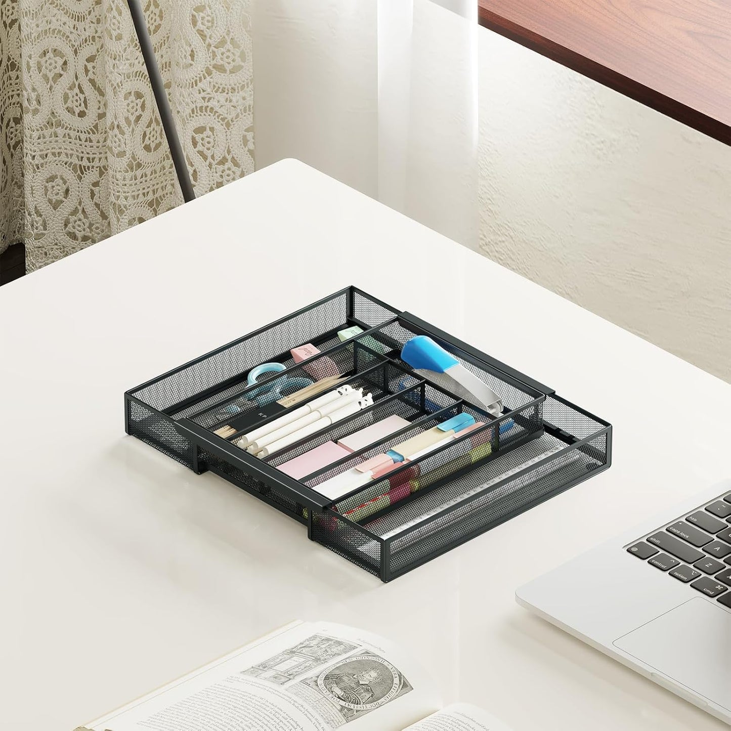 Sedegn Silverware Organizer Metal Mesh, Small Drawer Organizer, Utensil Cutlery Tray for kitchen drawers, Flatware Organizer with 5 Compartment, Black(9.3"*12.6")