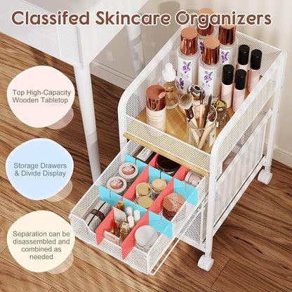 Hongtamoya Rolling Makeup Cart Organizer with 2 Drawers, Narrow Floor Skincare Organizers, Vanity Organizer Cosmetics Display Cases Holder for Skin Care Nail Polish Perfume Makeup Brush, White
